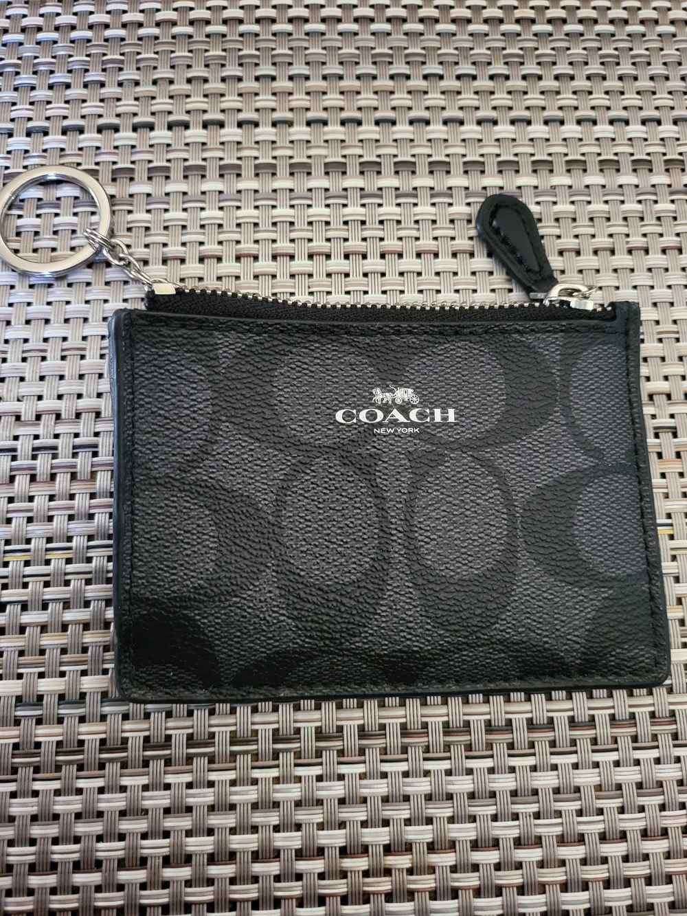 COACH Black Signature Zip Card Case Keyring